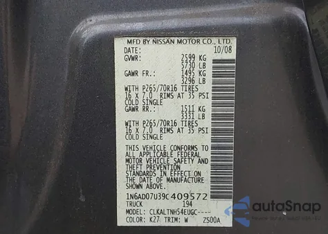 2009 Nissan Frontier Se from USA, damaged, VIN 1N6AD07U39C409572